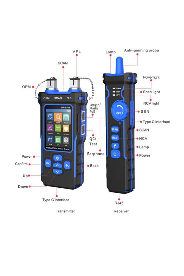 NF-8508 fiber optic and twisted pair tester (VFL, OPM, POE, Port flach, Length measurement) testeris